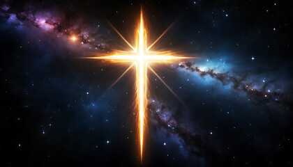 Bright Golden Cross in Deep Space with Galaxy and Stars