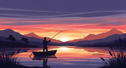 Fisherman in boat casting on lake with vibrant mountain backdrop