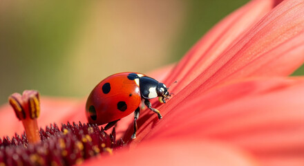 Ladybug on a pink flower in sunlight