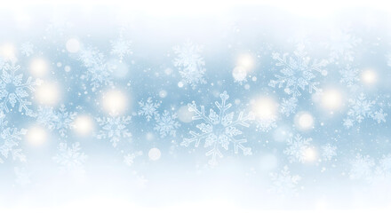 Soft focus winter wonderland with falling snow and glowing bokeh lights in cool blue tones