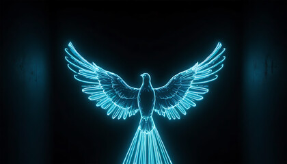 Neon Blue Light Bird with Outstretched Wings in Dark Background