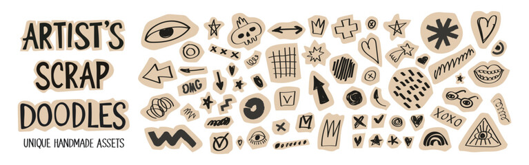 Playful scrapbook doodle set with cute cutout elements for modern collage design. Hand drawn shapes and accents perfect for digital scrapbooking, stickers, creative layouts, and abstract compositions.