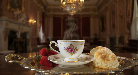 Cup of tea and cookies on the table in a luxurious room