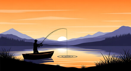 Silhouette of a fisherman in a boat on a calm lake at sunset
