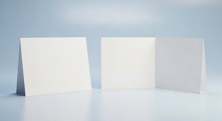 Two blank white folded cards, one standing and one open, showcasing a clean and minimalist design for custom branding or invitations