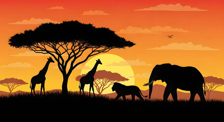 African safari animals silhouette at vibrant sunset landscape