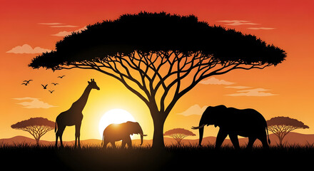 African savanna sunset with wildlife silhouettes and acacia tree.