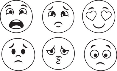 Collection of six simple black and white cartoon emoji faces