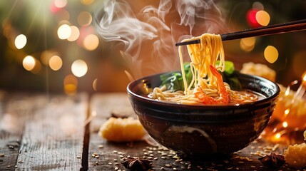 Ōmisoka: Overhead shot of steaming bowl of toshikoshi soba noodles on rustic wooden table, chopsticks lifting noodles, traditional Japanese ceramic bowl