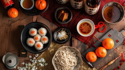 Ōmisoka: Elegant overhead flat lay of traditional Omisoka meal preparation, toshikoshi soba noodles in ceramic bowls, mochi rice cakes, mandarin oranges, sake bottles and cups on wooden table