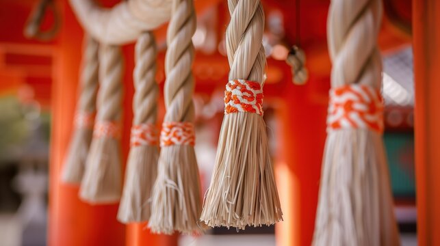 Ōmisoka: Close-up of intricate shimenawa sacred rope decoration with shide paper streamers hanging on torii gate, detailed texture of twisted rice straw
