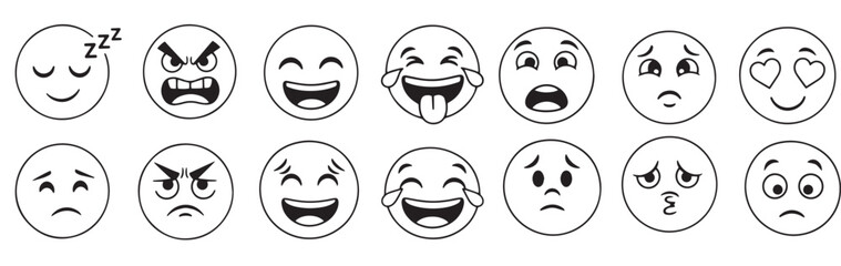 Collection of cartoon faces expressing different emotions in black and white