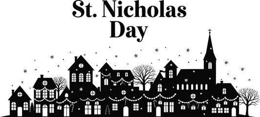 Black and silhouette illustration of a snowy village celebrating St. Nicholas Day with festive lights