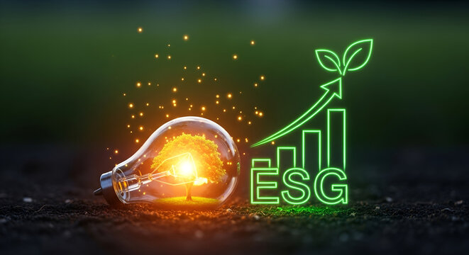 An open glass lamp reveals an illuminated tree next to upward-trending financial charts and the acronym ESG glowing in green, representing green economic growth and business success