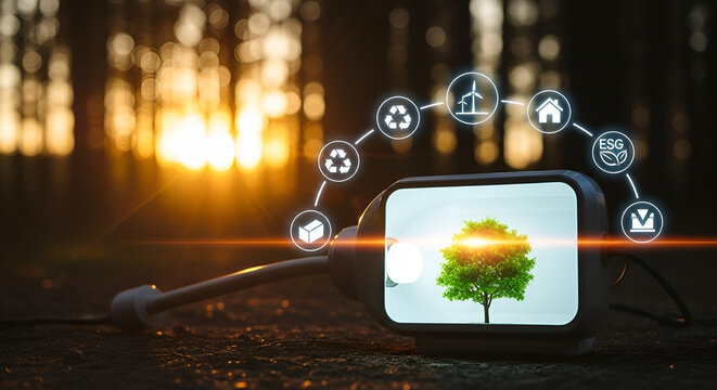 Conservation of biodiversity and the harmonious integration between technology and nature: an electric lamp planted vertically in dark soil containing a leafy tree surrounded by a ring of icons