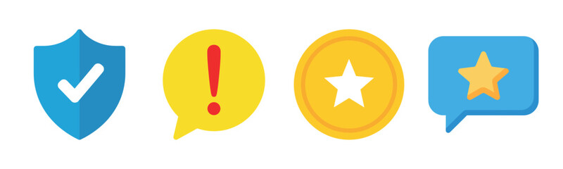 Colorful icon set: shield, alert, coin, and star in speech bubble