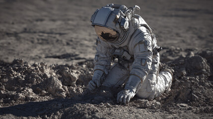 An astronaut crouches on a barren extraterrestrial terrain