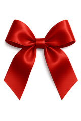 A vibrant red satin ribbon bow with elegant loops and flowing tails isolated on transparent background
