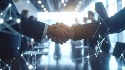 Business Deal: Handshake in Modern Office with Network Overlay - Powered by Adobe