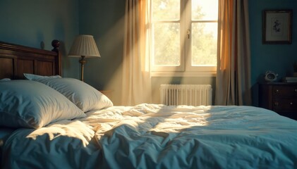 A single, empty bed stretches across the frame, sunbeams illuminating dust motes in the air; a feeling of profound solitude and quiet emptiness permeates the scene , interior, motes