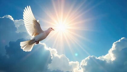 A single dove soaring towards a radiant light, symbolizing the release of the soul and the promise of spiritual peace and eternal salvation ,  spiritual journey,  spiritual growth