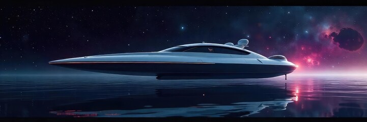 Sleek Futuristic Vessel Gliding Silently Through Starlit Waters A Minimalist Sci-Fi Spaceship Design