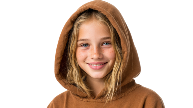 Smiling girl in brown hoodie isolated on a transparent background