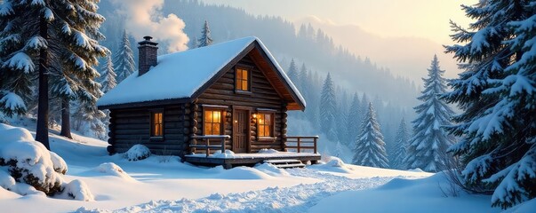 A sturdy, rustic cabin nestled deep within a snowy forest, offering refuge from the winter elements Smoke curls from its chimney, suggesting warmth and comfort within , rustic, mountain