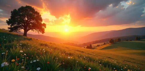 A sunrise over a peaceful, tranquil landscape, symbolizing the hope and new beginnings found in Christian faith Perfect for Easter, Lent, or general religious themes , tranquil, light