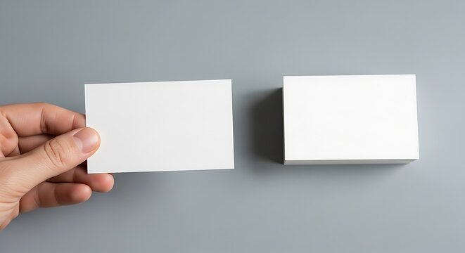 A hand holding a blank white business card next to a stack of blank business cards on a gray background, ready for custom design