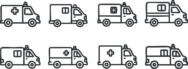 Outline vector icon set of ambulance vehicles for healthcare and emergency service design projects