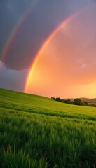 Obraz premium Vibrant Rainbow Arching Over Lush Green Sunset Field Stunning Nature Photography