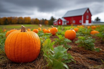 a pumpkin patch with a red barn in the background during autumn
