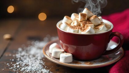 Obraz premium Steaming mug of rich, decadent cocoa hot chocolate, topped with marshmallows, garnished with a sprinkle of cocoa powder Perfect for a cozy winter day , self-care, warm