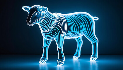 Neon Blue Illuminated Sheep Model with Skeletal Lines in Dark Background