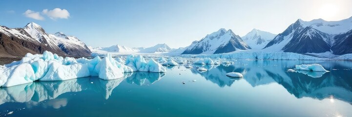 Stunning panoramic view of Greenland's dramatic icy landscape, featuring glaciers, mountains, and a pristine fjord Perfect for travel, nature, and environmental projects , majestic, wilderness, blue