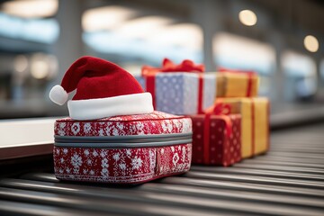 suitcase with a christmas pattern and a santa hat on an airport conveyor belt, surrounded by gift boxes, against the background of other luggage