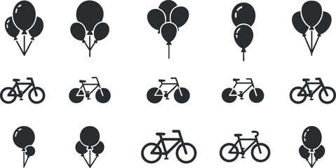 Playful vector icon set featuring bicycles and balloons, ideal for celebration themes, events, or leisure activities