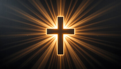 Glowing Cross with Radiant Light Beams in Dark Sky Spiritual Religious Symbol