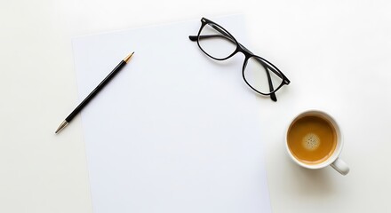 Top view of a minimalist workspace with a blank white paper, a pencil, eyeglasses, and a cup of coffee on a clean white desk surface