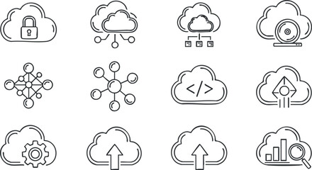 Collection of line art cloud icons representing technology concepts such as data security, network connectivity, and analytics.