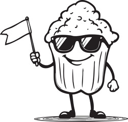Cartoon muffin character vector with sunglasses, smiling face, arms, legs, and flag for food and fun themes