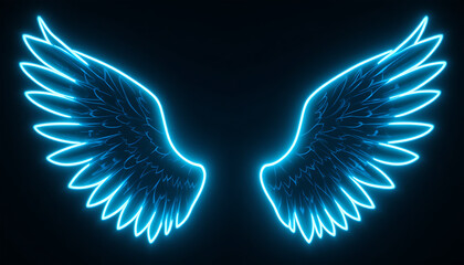 Neon Blue Angel Wings Glow on Dark Background Futuristic Style