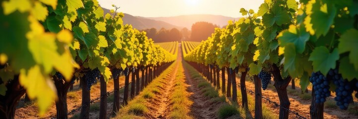 Naklejka premium Sun-drenched vineyard at harvest time Rows of laden vines, ripe grapes ready for picking, beautiful autumnal colors A picturesque scene of abundance and nature's bounty , juicy, organic