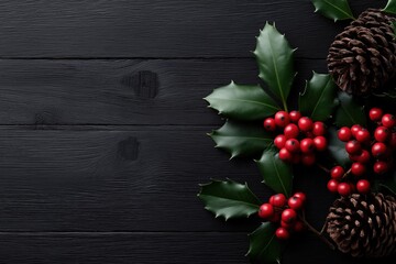 christmas background with a dark wood texture and red berries, holly, mistletoe, and pine cones on the right side. flat lay, top view with copy space for a holiday design or greeting card concept