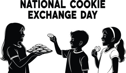 Silhouette illustration for National Cookie Exchange Day with three children sharing a cookie