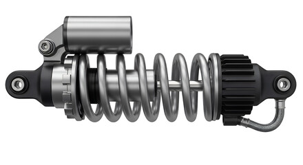 High-performance metallic shock absorber, featuring robust coil spring for vehicle and machinery suspension, isolated on a clean transparent background