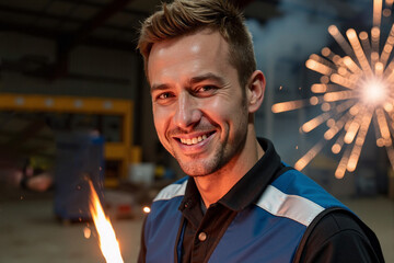 happy male industrial worker or welder smiling at the camera with bright sparks flying in the factory background