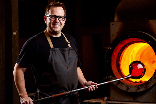 happy male glassblower or artisan in a protective apron smiling while holding a rod with molten glass near a hot furnace