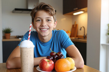 Happy teenage boy smiling while sitting at a kitchen table with a healthy fruit smoothie and a plate of fresh apples and oranges